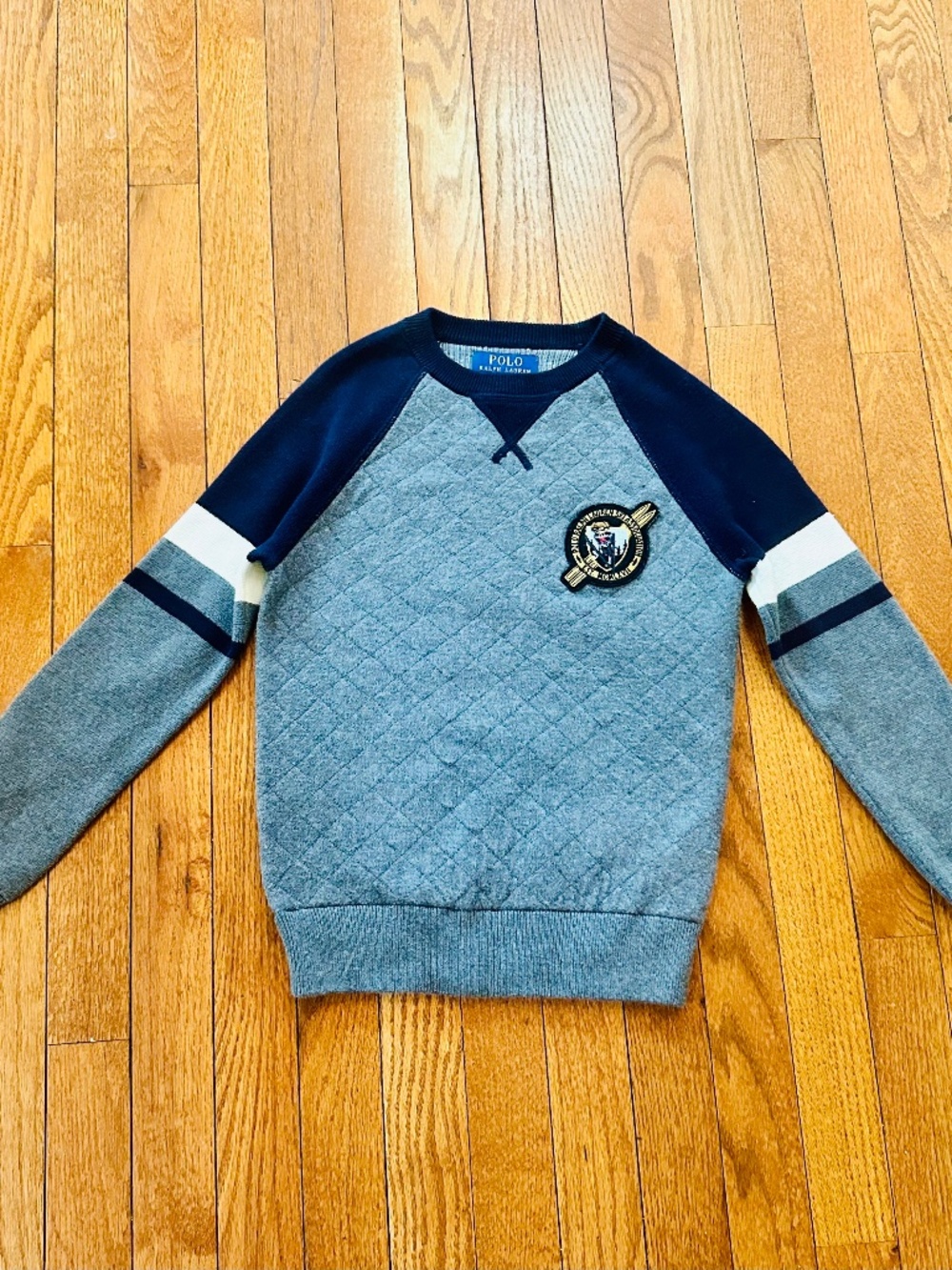 Polo Ralph Lauren Boys Quilted Sweatshirt Gray & Navy Crewneck Pullover Size 8